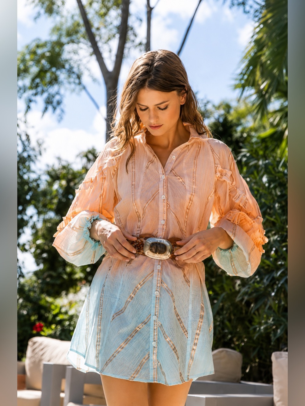 Miss June Paris Ombre Ruffle Boho Long Sleeve Shirt Dress Size Medium